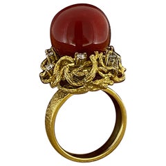 Vintage 20ct (14mm) Natural Mediterranean OxBlood Red Coral & Diamond Ring in 14K Gold.