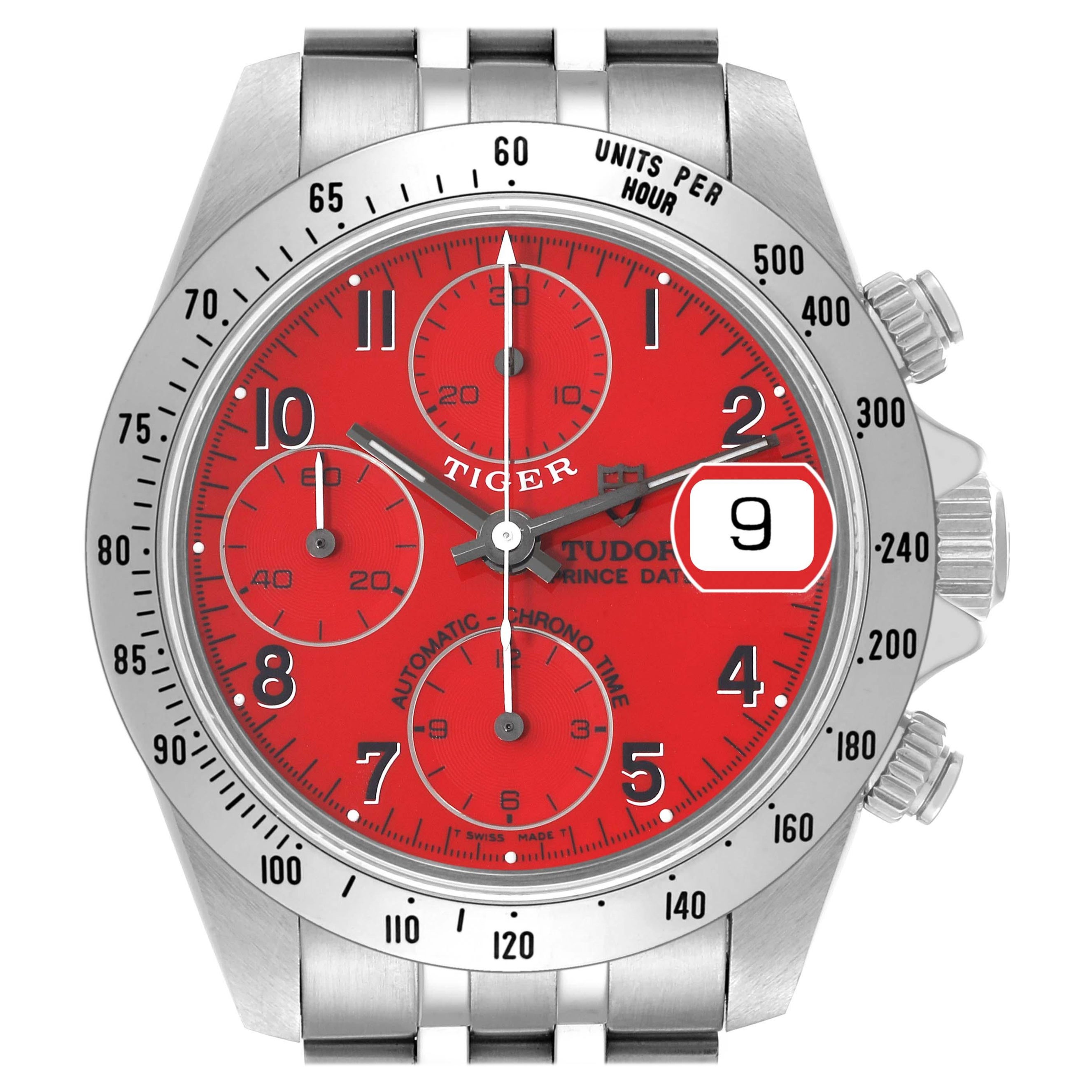 Tudor Tiger Prince Red Dial Chronograph Steel Mens Watch 79280 Box Papers