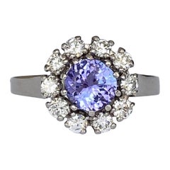 Vintage 18 Kt. White Gold Rosette Diamonds Ring with 0.90 Ct Tanzanite 