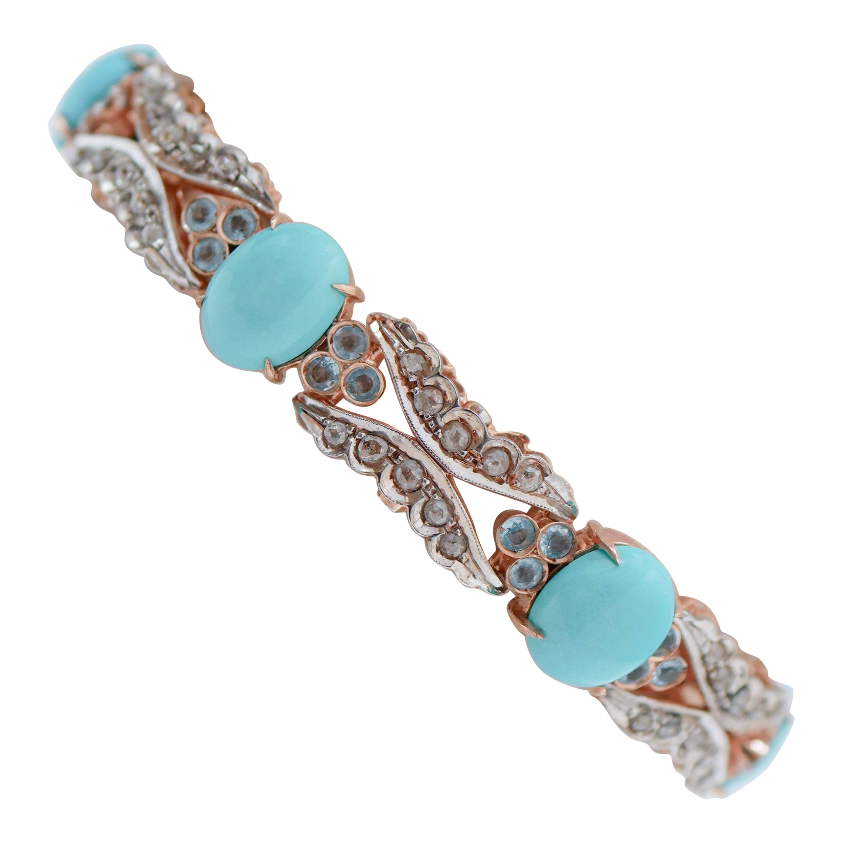 Turquoise, Aquamarine, Diamonds, Rose Gold and Silver Bracelet. For Sale