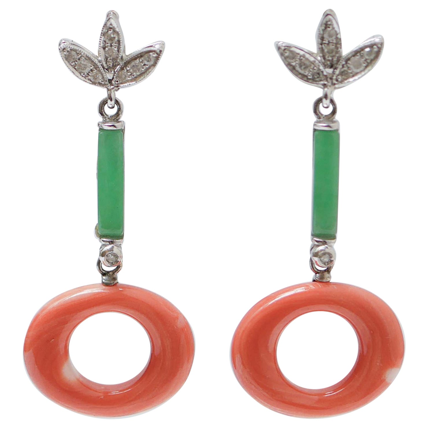 Coral, Jade, Diamonds, 14 Karat White Gold  Dangle Earrings.