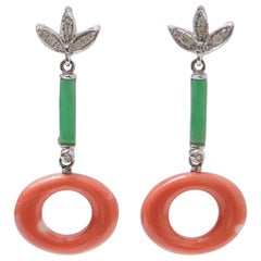 Vintage Coral, Jade, Diamonds, 14 Karat White Gold  Dangle Earrings.