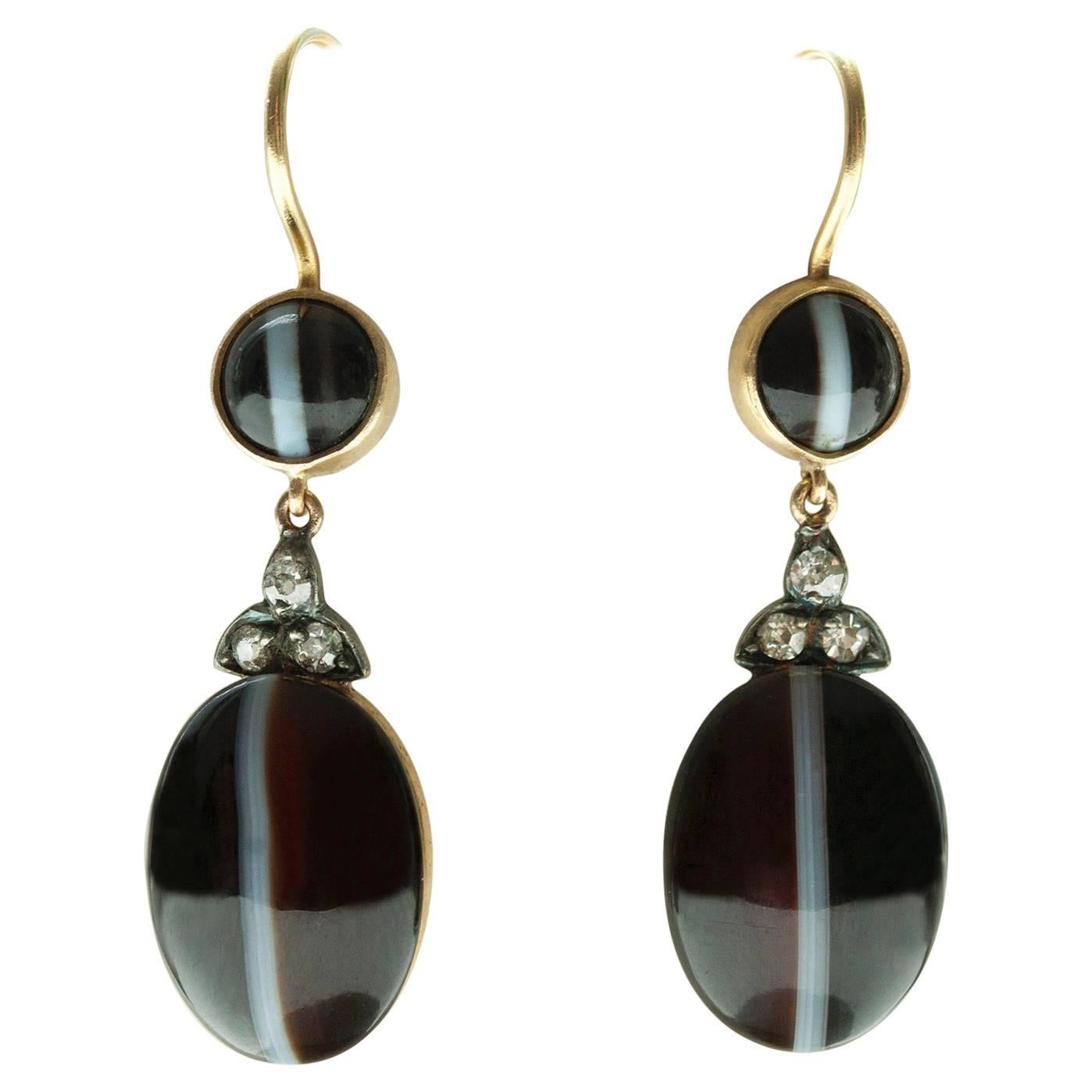 Victorian Banded Agate and Diamond Drop Earrings For Sale