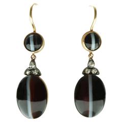 Antique Victorian Banded Agate and Diamond Drop Earrings