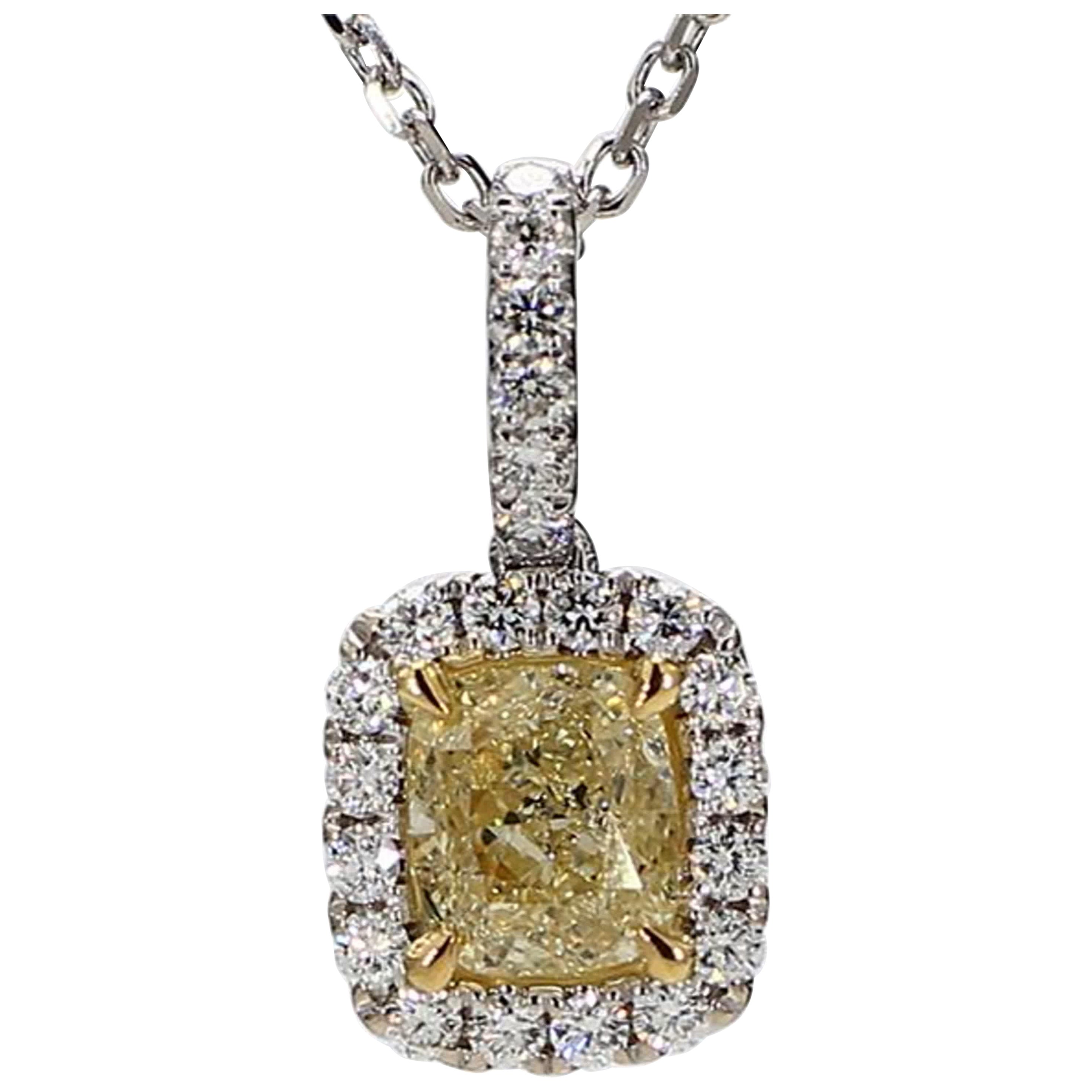GIA Certified Natural Yellow Cushion Diamond 1.57 Carat Gold Drop Pendant For Sale