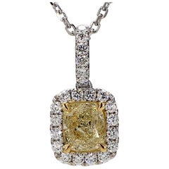 GIA Certified Natural Yellow Cushion Diamond 1.57 Carat Gold Drop Pendant