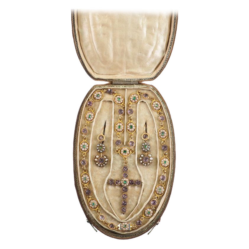 Datiert 1798 - Napoléon I. Ära Set aus Gold Halskette und Ohrringe, Originalverpackung im Angebot