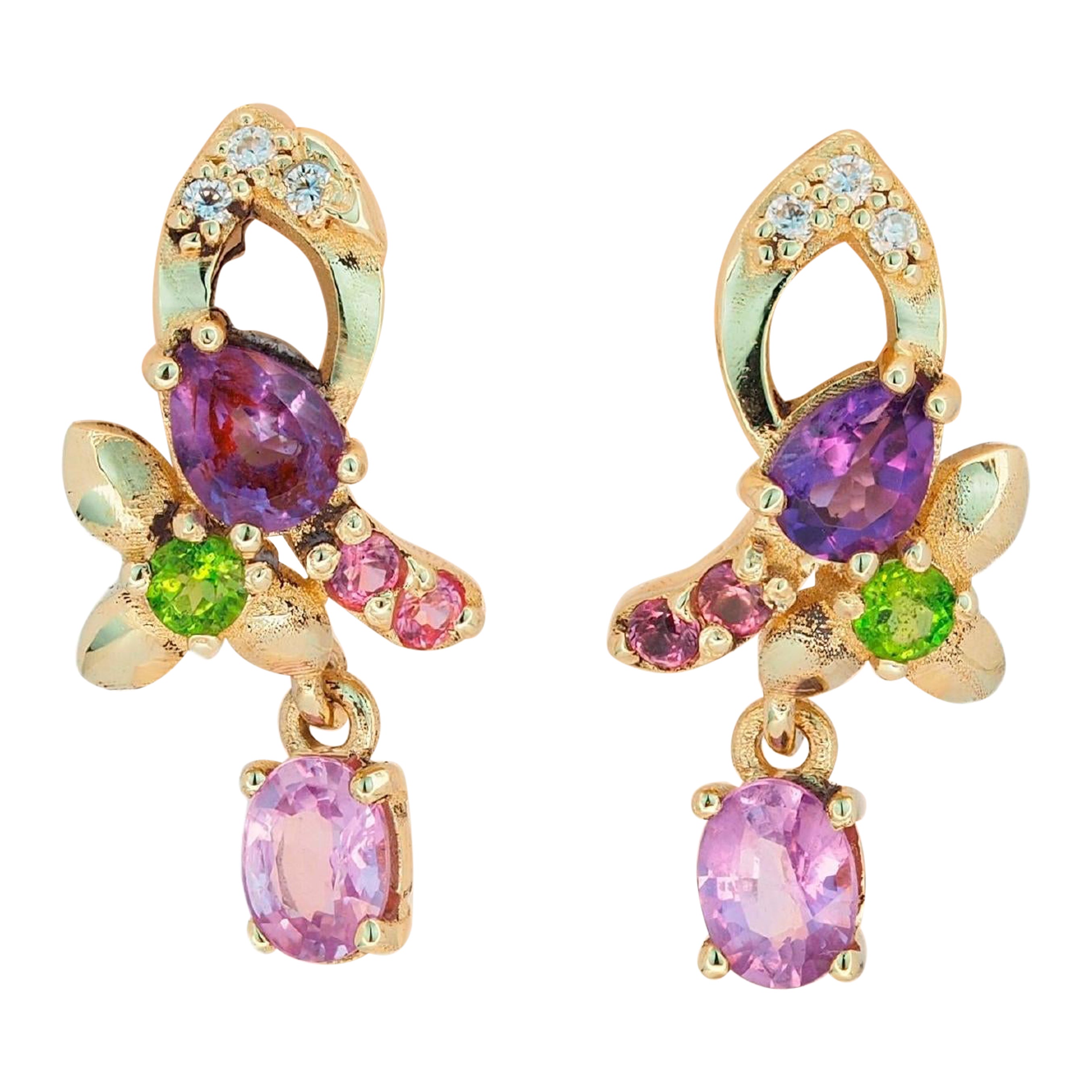 14 Karat Gold Earrings Studs with Sapphires and Multicolores Gemstones For Sale