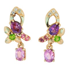 14 Karat Gold Earrings Studs with Sapphires and Multicolores Gemstones