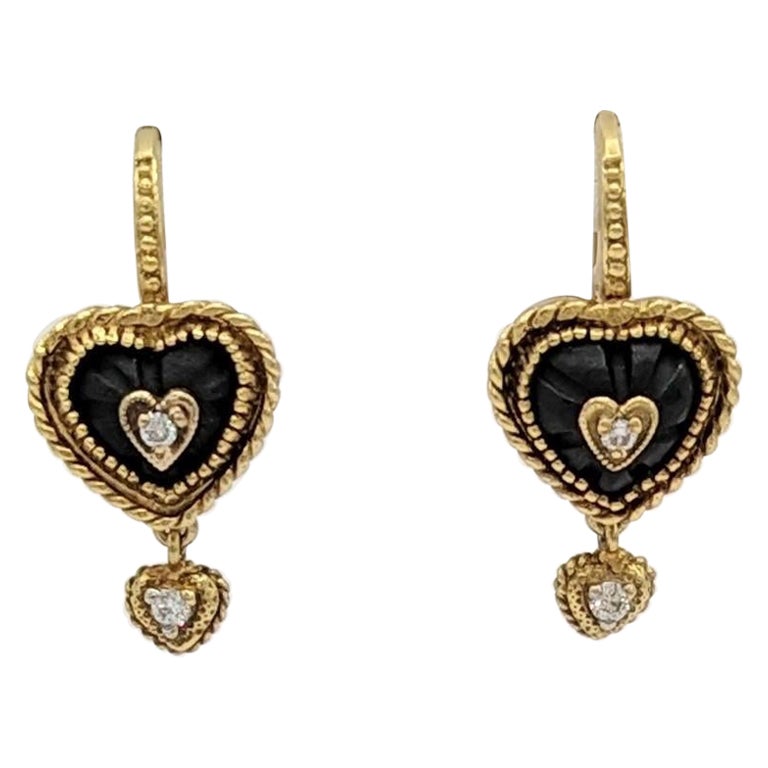 Estate Stambolian White Diamond Heart Dangle Earrings in 18K Yellow Gold For Sale