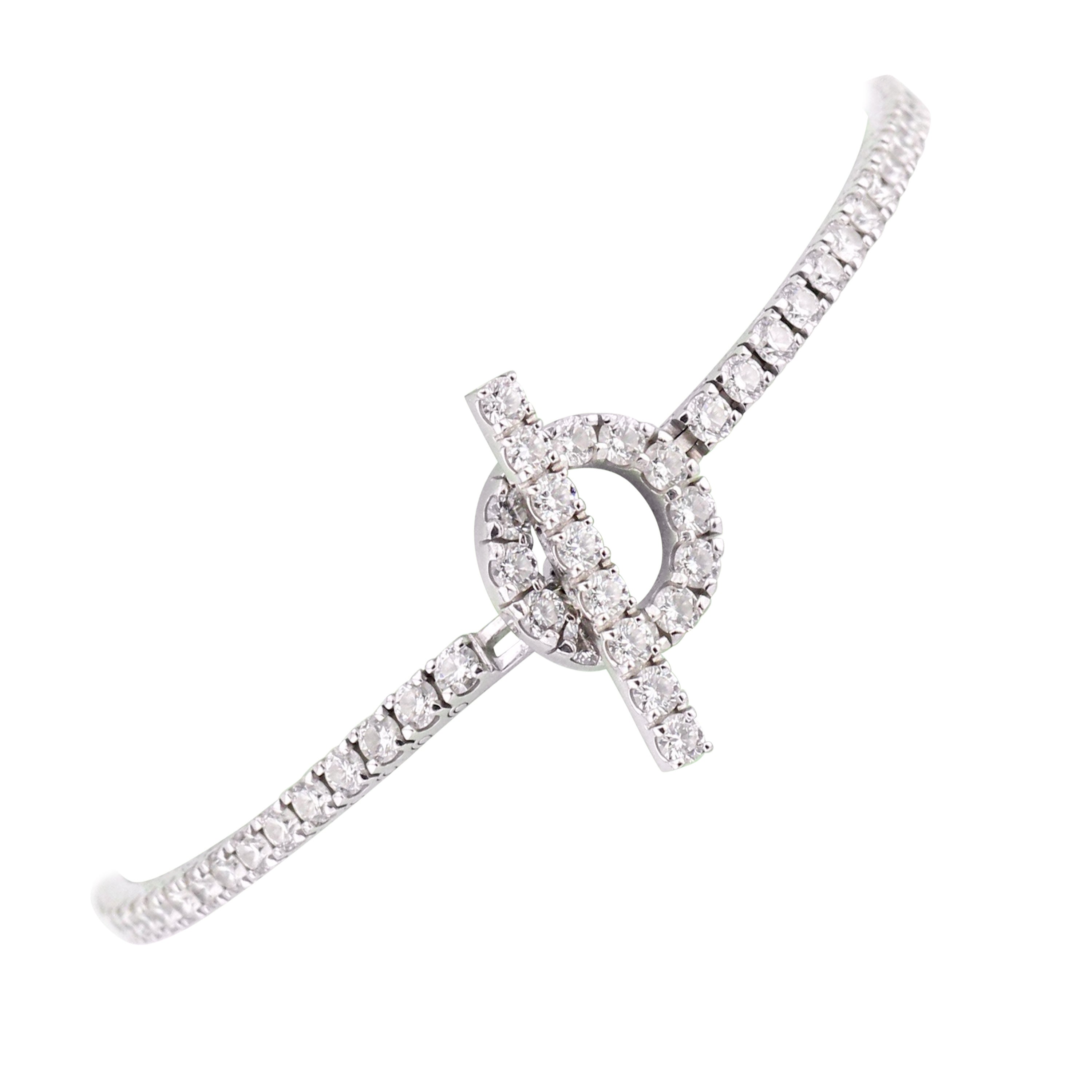 Hermes Diamond 18k White Gold Finesse Toggle Tennis Bracelet SH Size