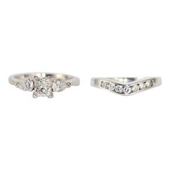 Retro 14K White Gold Diamond Bridal Ring Set EGL Certified 1.15tdw