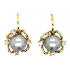 Tahitian Pearl & Diamond Earrings in 18K Yellow Gold