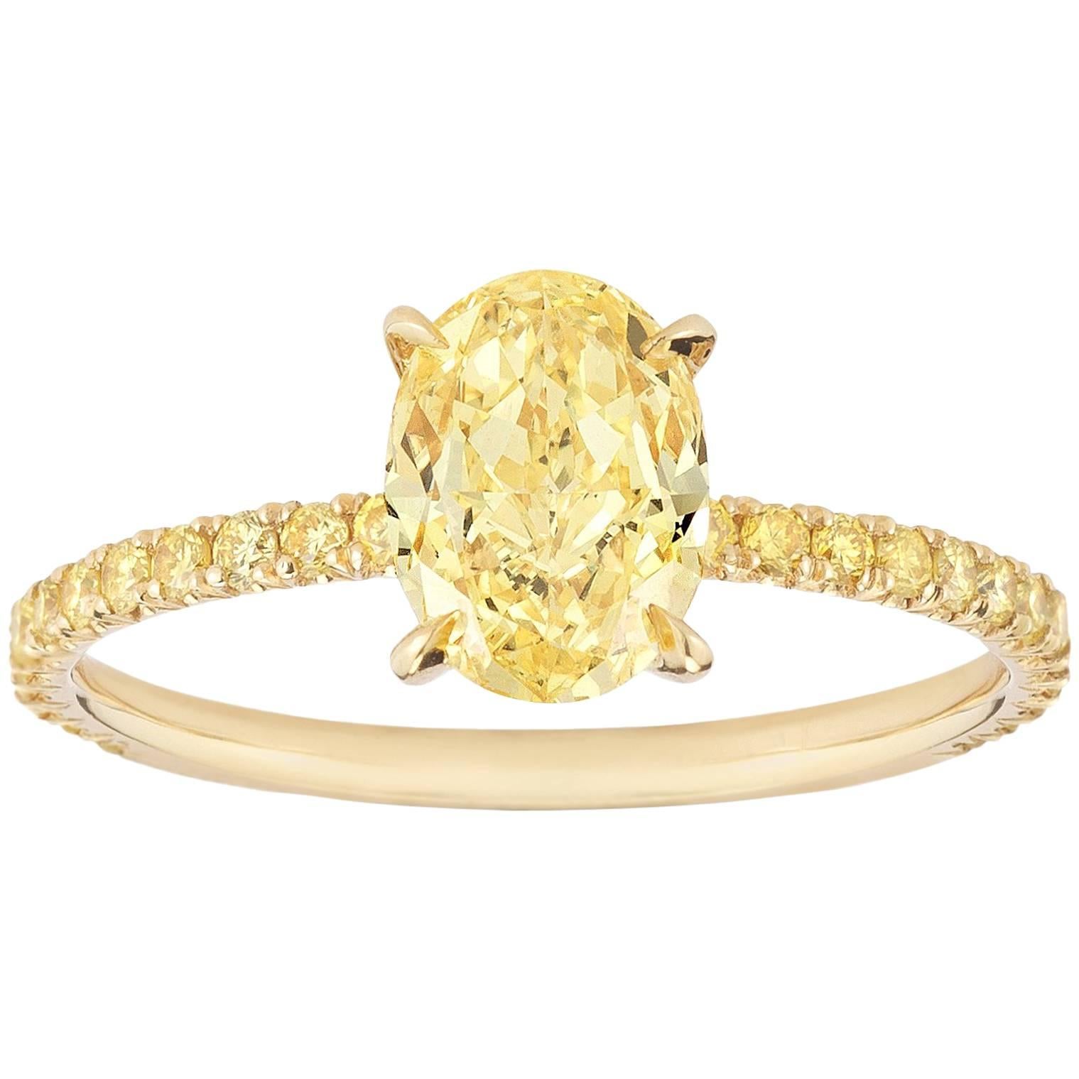 Marisa Perry Micro Pave Fancy Vivid Yellow Oval Diamond Engagement Ring For Sale