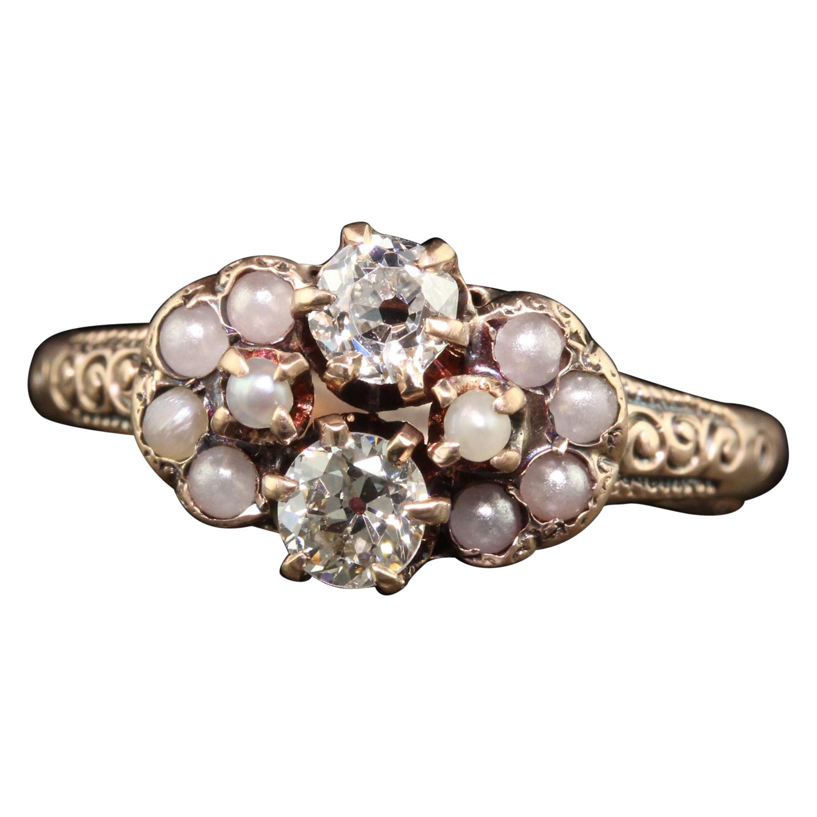 Antique Victorian 10K Yellow Gold Old Euro Diamond and Pearl Toi et Moi Ring