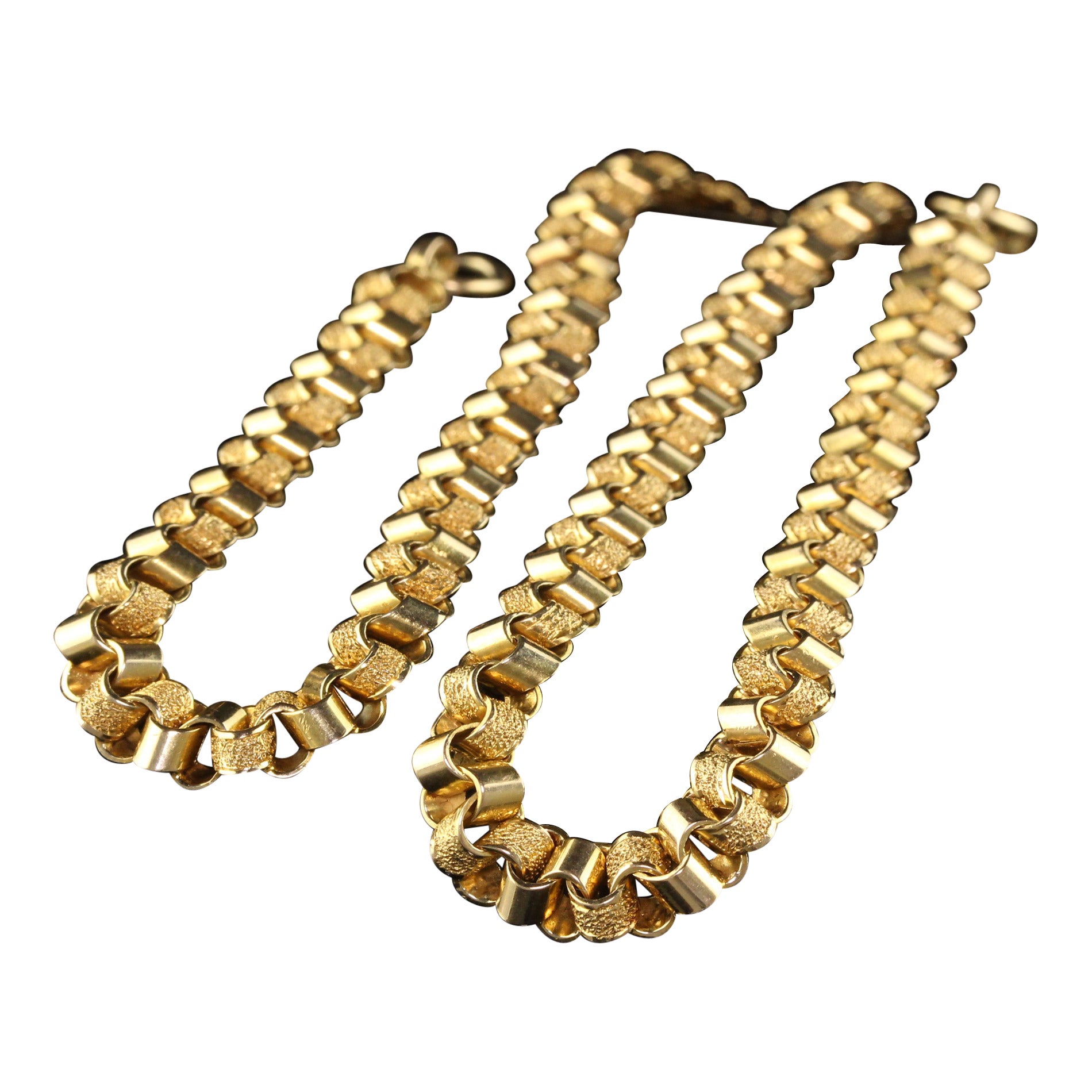 Antique Art Deco 14K Yellow Gold Flat Geometric Link Chain Necklace For Sale
