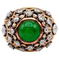 Mid Century Boucheron Paris Jadeite and Diamond 18k Gold Bombé Ring