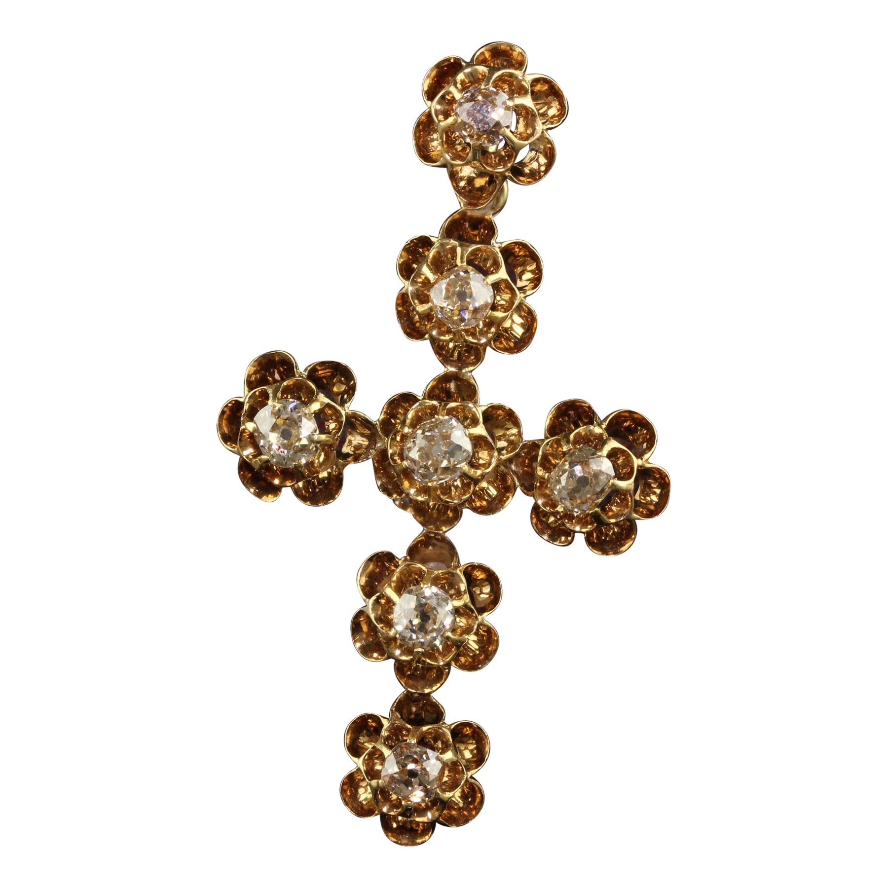 Antique Victorian 18K Yellow Gold Old Mine Diamond Floral Cross For Sale