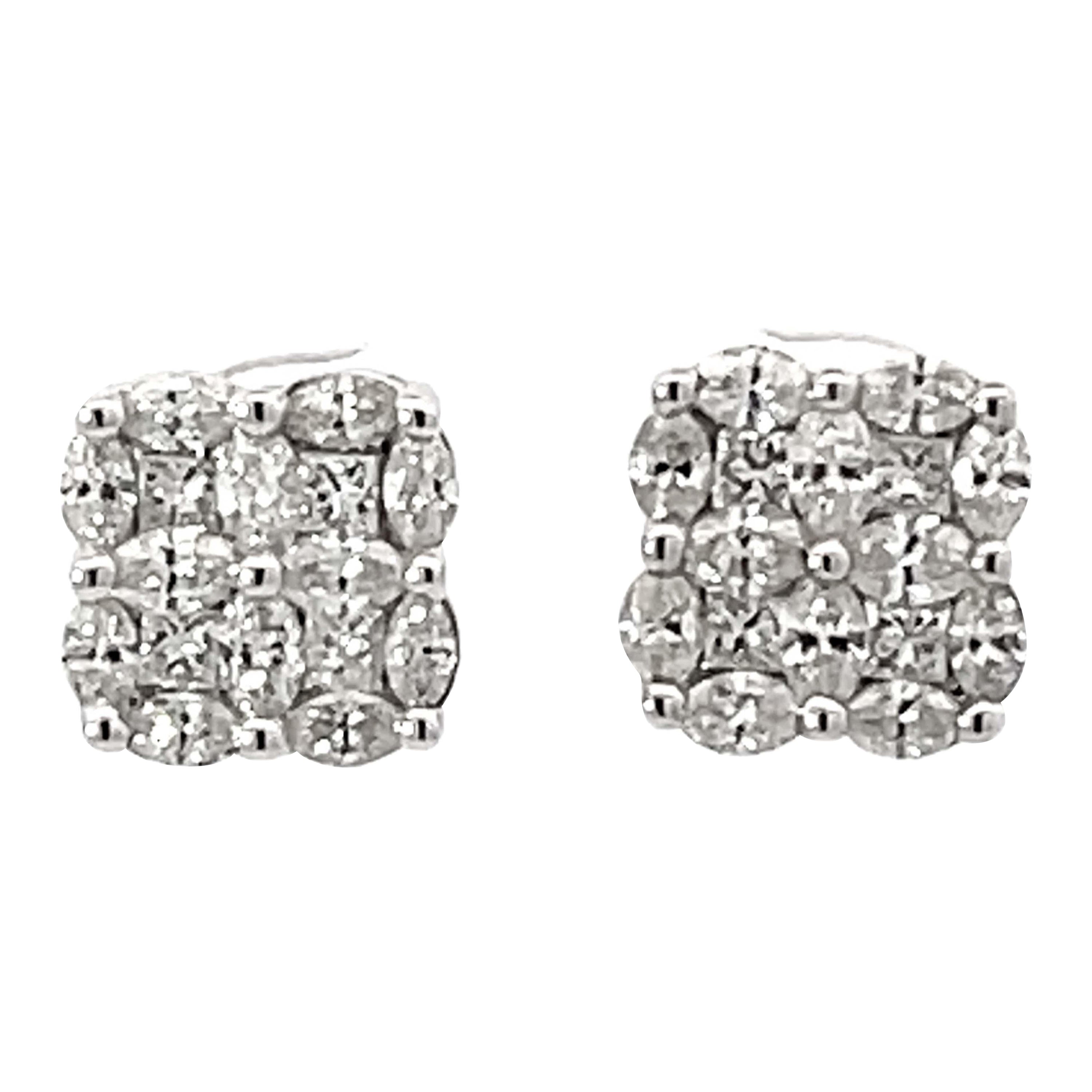 Marquise and Princess Cut Diamond Stud Earrings 18k White Gold For Sale