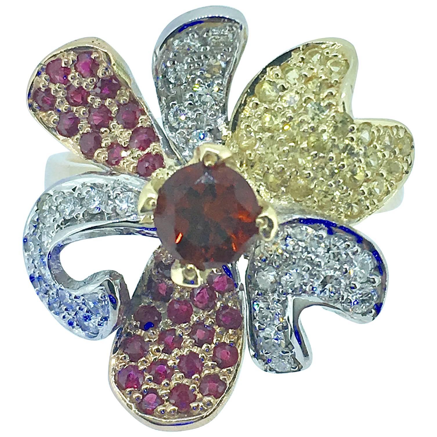 S. Van Giel  Diamonds, Rubis and Saphire Flower Ring For Sale