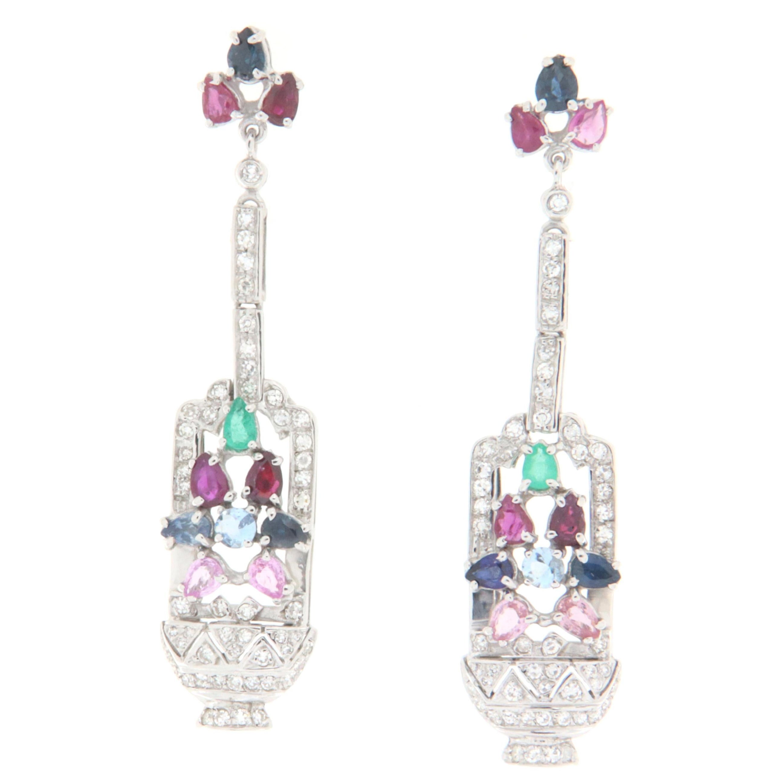 Rubies Emeralds Sapphires Diamonds 18 Karat White Gold Drop Earrings For Sale