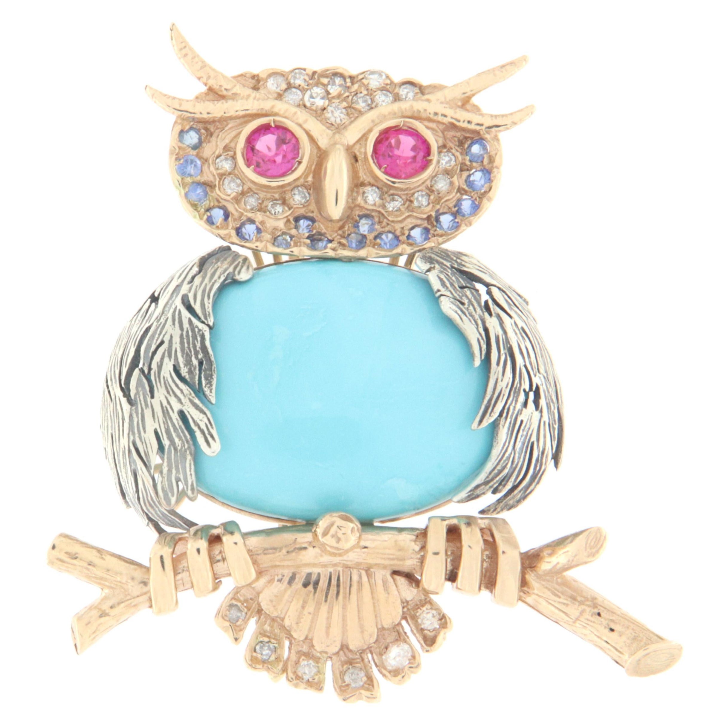 Owl Turquoise 14 Karat Yellow Gold Diamonds Tourmalines Sapphires Brooch For Sale