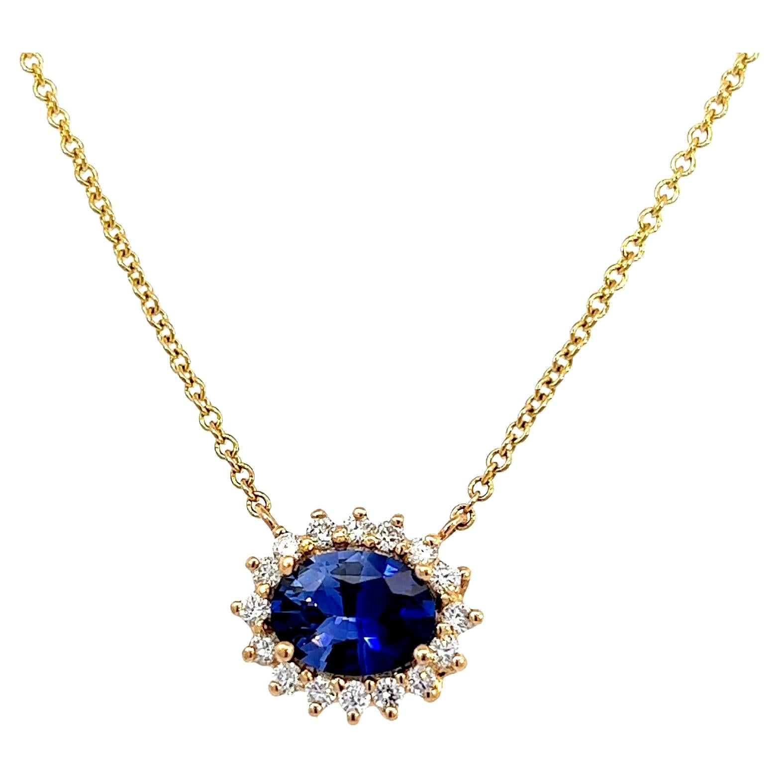 Zafiro natural Diamante Halo Colgante Con Cadena 18" 14k YG 1.67 TCW Certificado