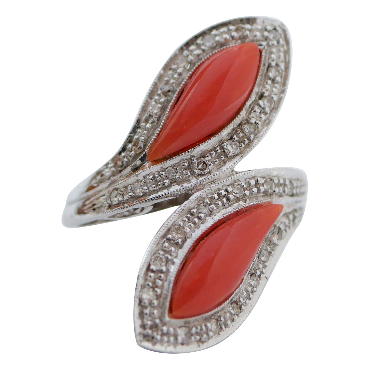 Coral, Diamonds, 14 Karat White Gold Ring. For Sale