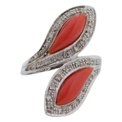 Coral, Diamonds, 14 Karat White Gold Ring.