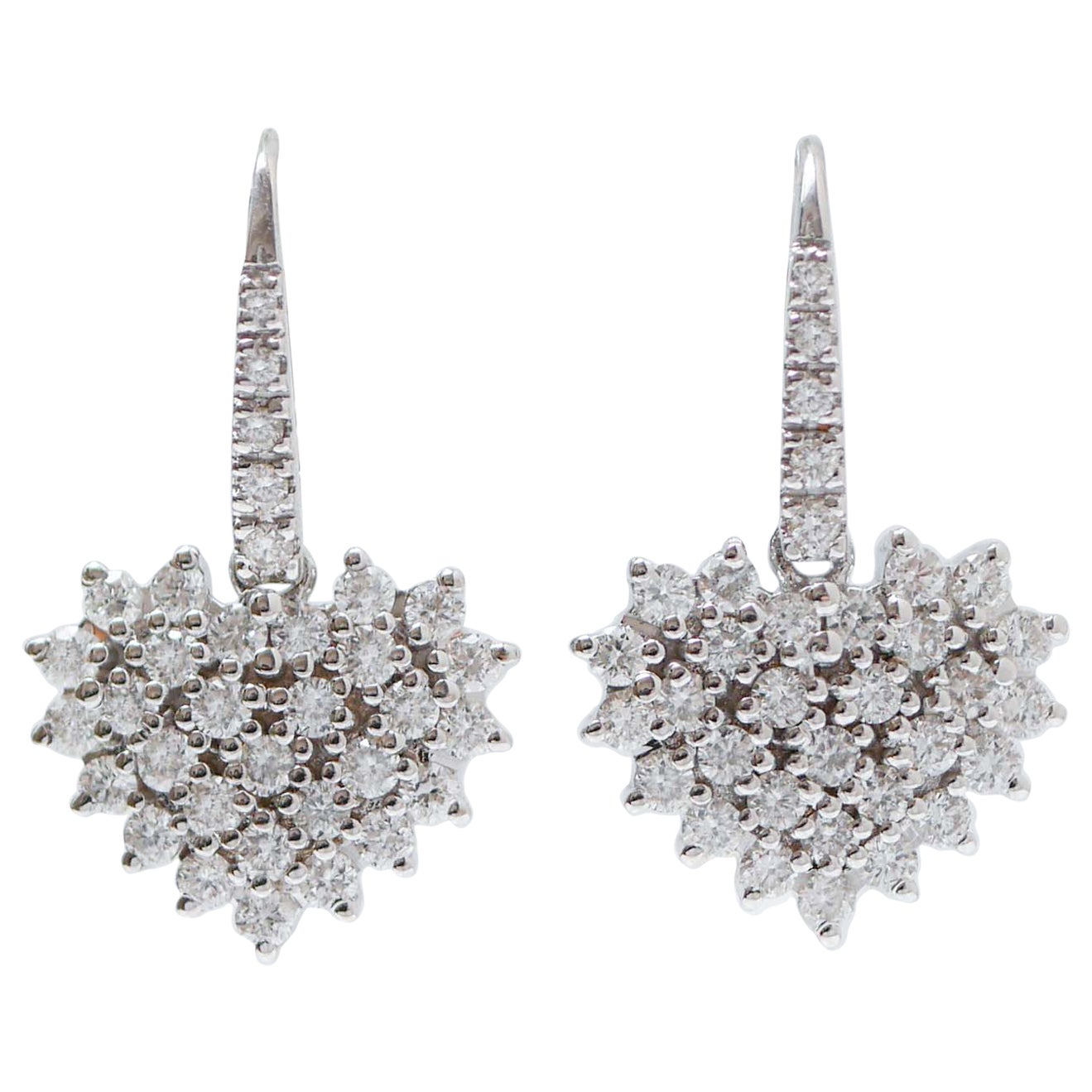Diamonds, 18 Karat White Gold Heart Pendant Earrings. For Sale