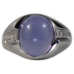 8.25 Carat Blue Sapphire Cabochon w Diamonds 18K White Gold Ring