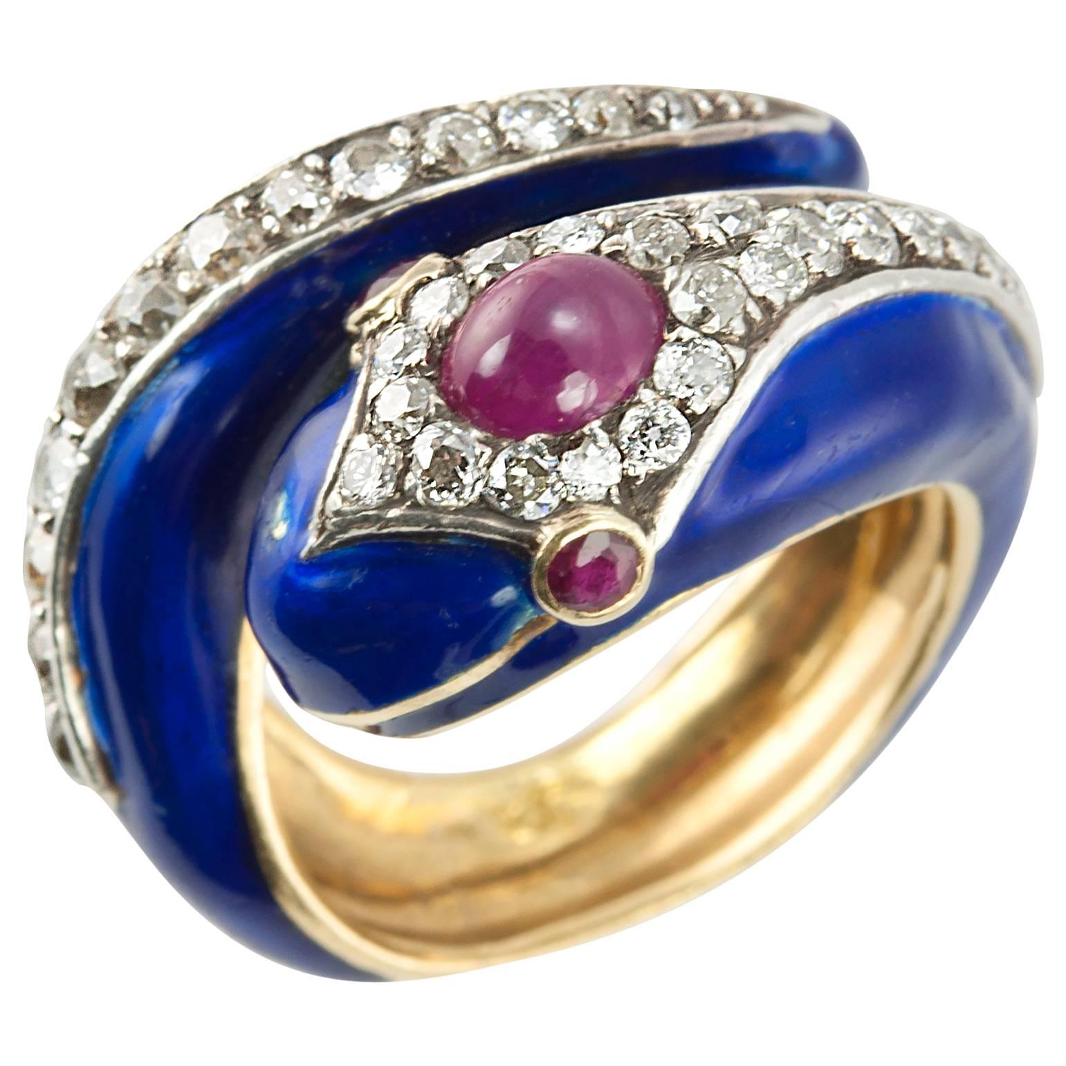 Enamel Snake Ring with Diamonds and Rubies  For Sale