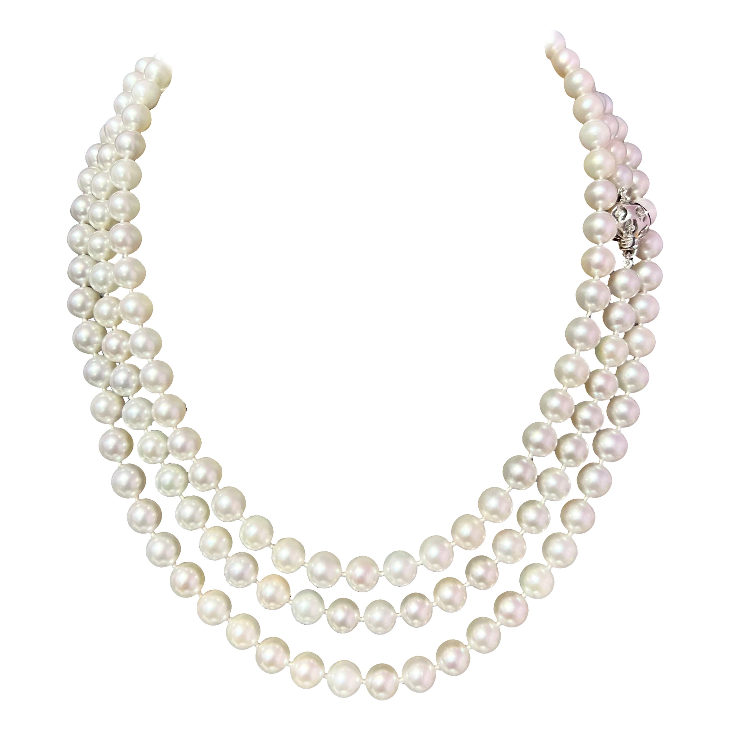 Natural Akoya Pearl Diamond Necklace 49" 18k White Gold 7 mm Certified For Sale