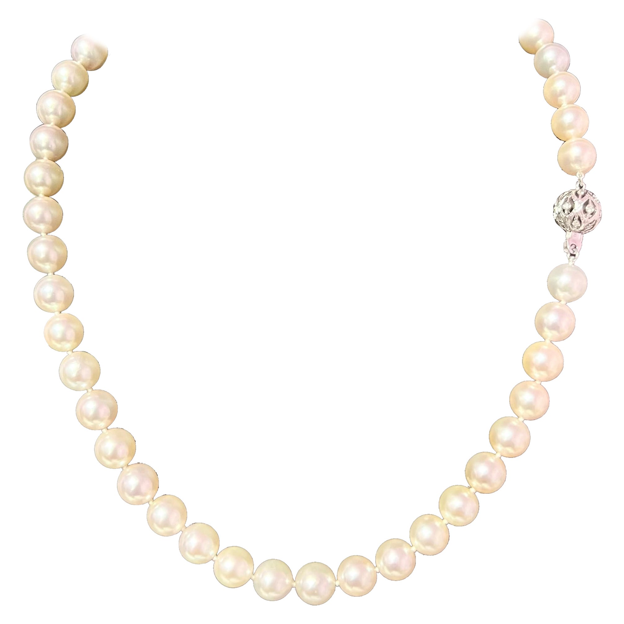 Natural Akoya Pearl Diamond Necklace 18" 14k White Gold 9 mm Certified For Sale