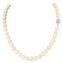 Retro Natural Akoya Pearl Diamond Necklace 18" 14k White Gold 9 mm Certified