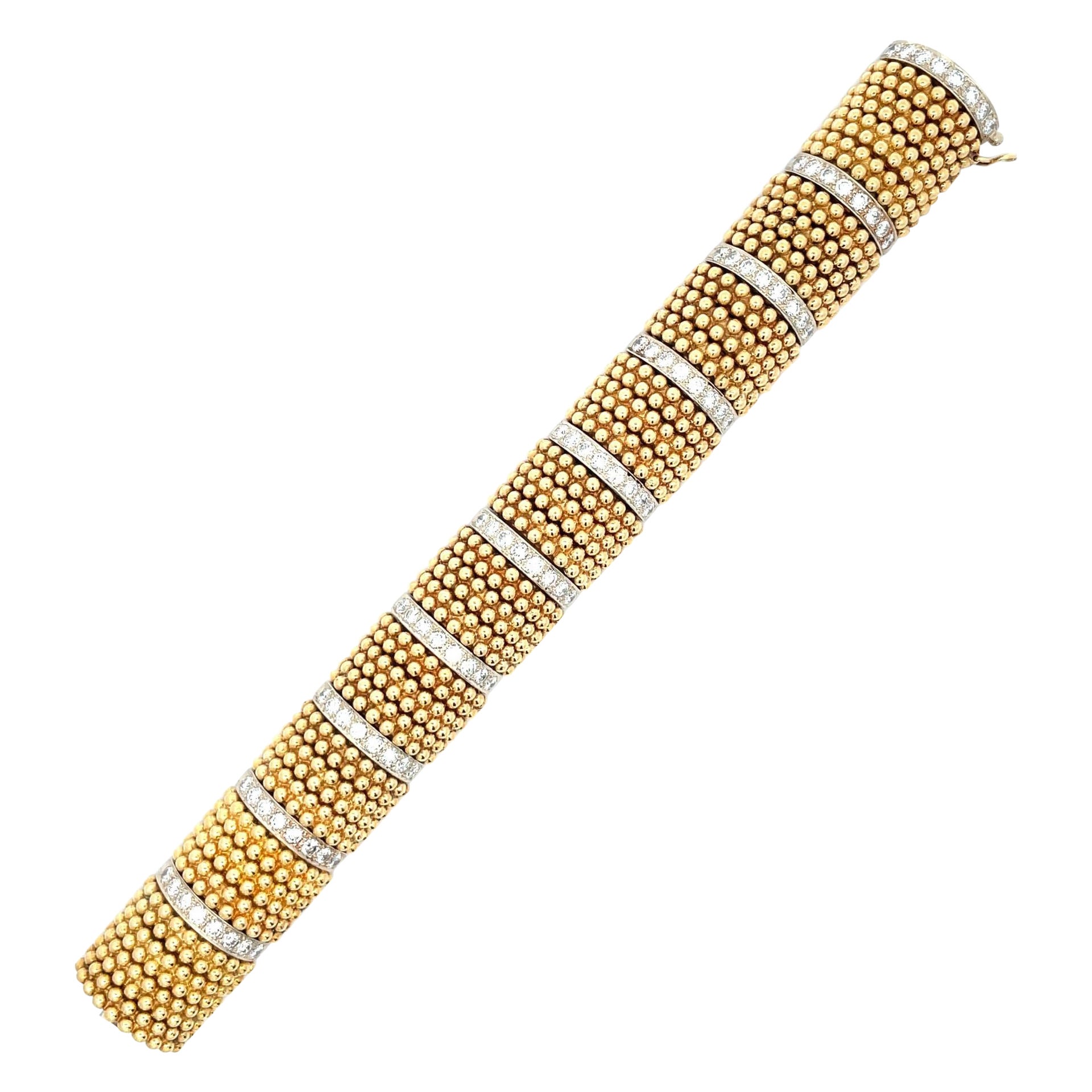 Vintage Wide Gold Beads & Diamond Bracelet in Yellow and White Gold For Sale