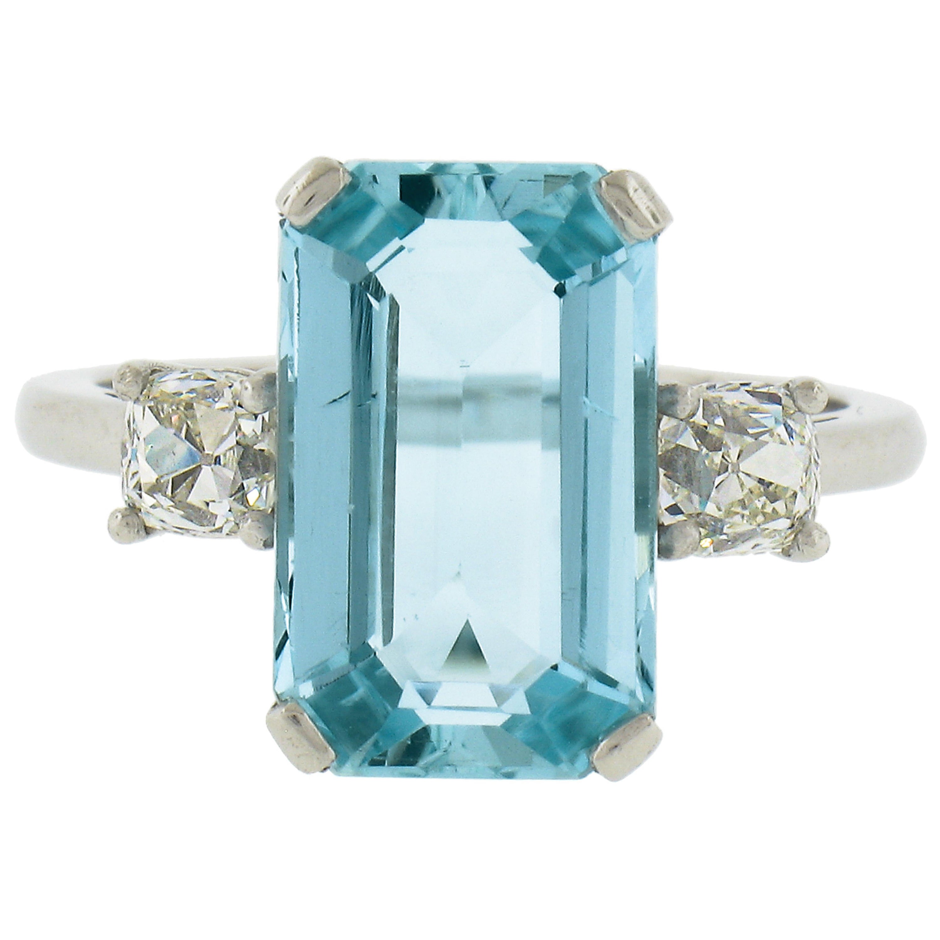 Platinum 4.55ctw Elongated Step Cut Aquamarine & Old Cut Diamond Cocktail Ring For Sale