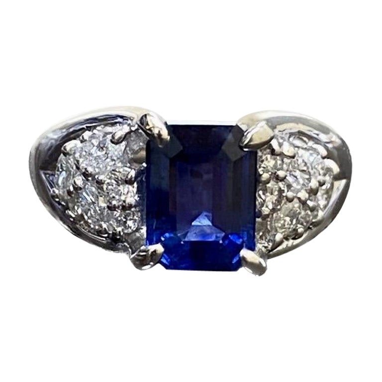 Platinum Diamond GRS 1.76 Carat Emerald Cut Blue Sapphire Engagement Ring For Sale