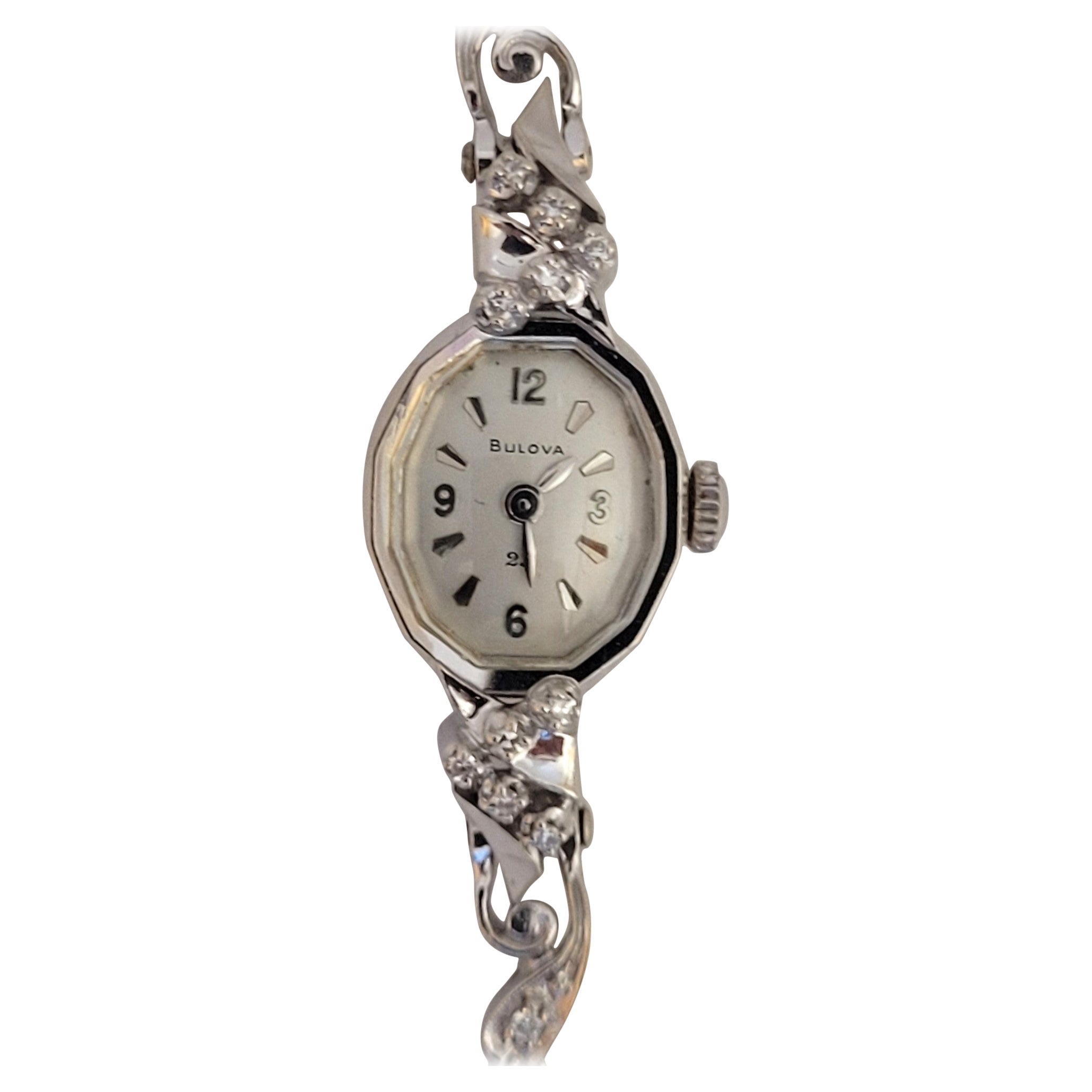 14kt White Gold Bulova Diamond Watch Ladies Serviced Working Warranty Art Deco For Sale
