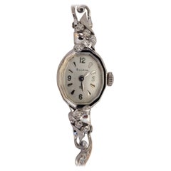 Antique 14kt White Gold Bulova Diamond Watch Ladies Serviced Working Warranty Art Deco