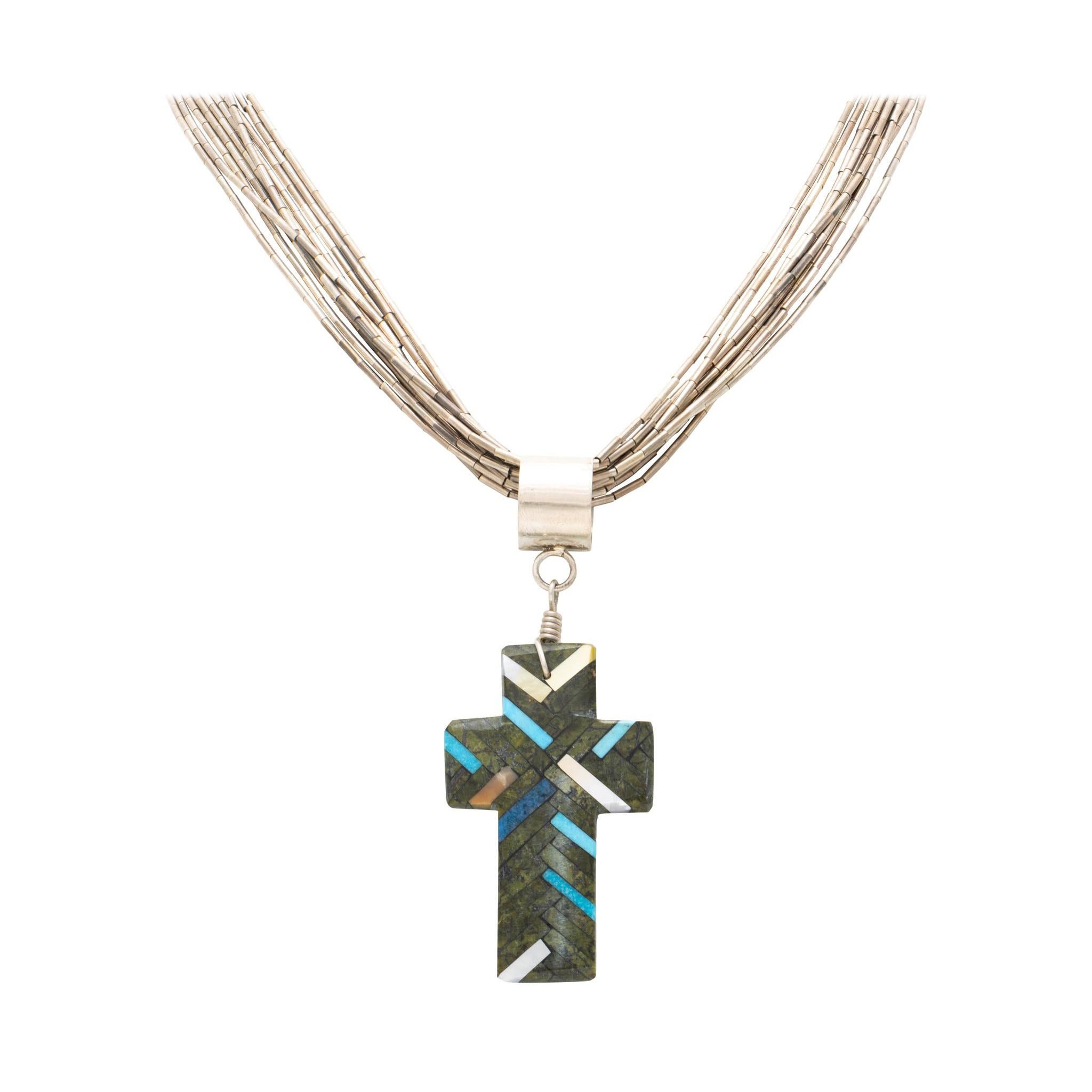 Santo Domingo Turquoise Cross Pendant on Liquid Sterling Silver Chain For Sale