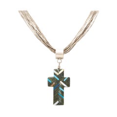 Retro Santo Domingo Turquoise Cross Pendant on Liquid Sterling Silver Chain