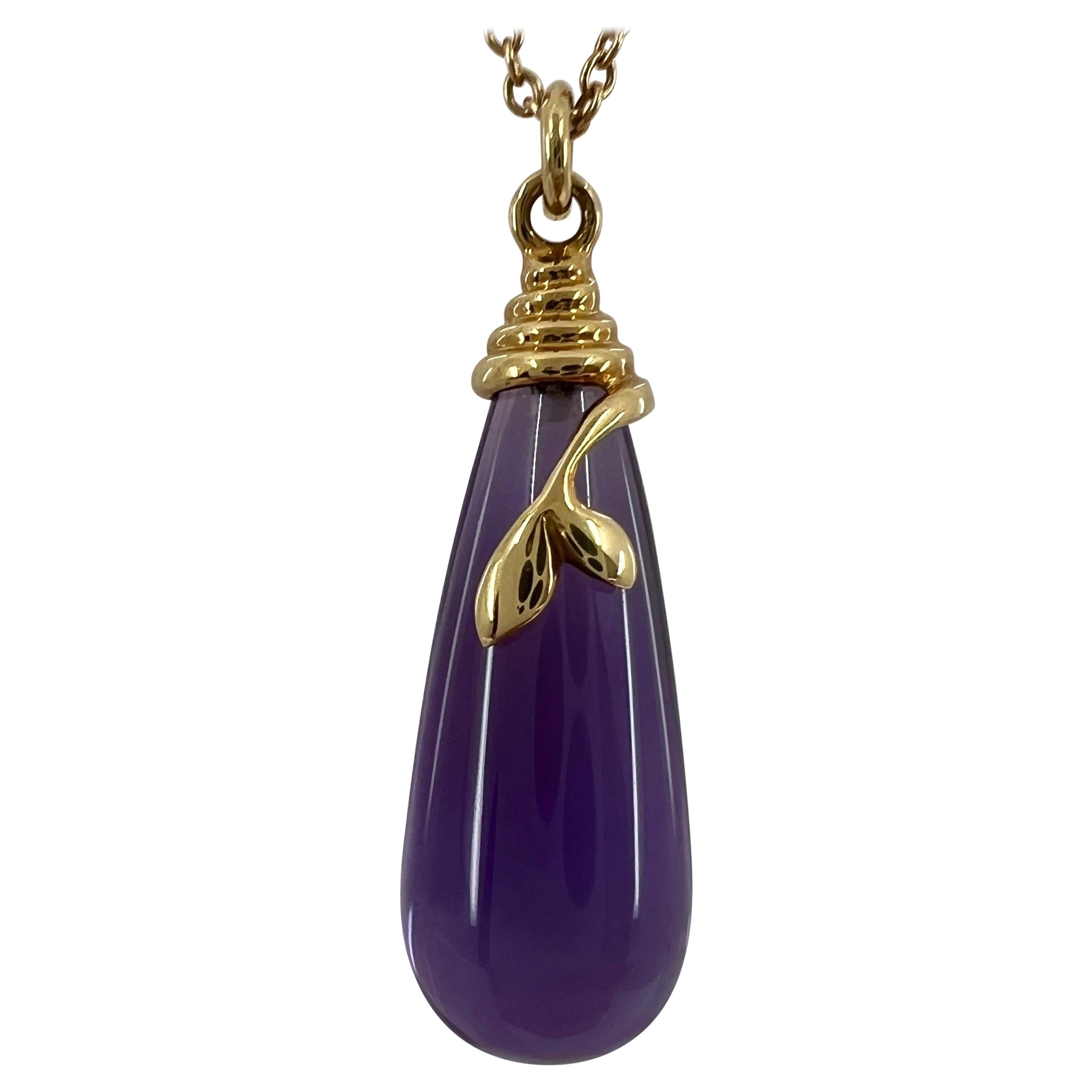Rare Tiffany & Co. Paloma Picasso Olive Leaf Amethyst Gold Drop Pendant Necklace