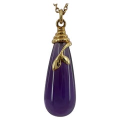 Rare Tiffany & Co. Paloma Picasso Olive Leaf Amethyst Gold Drop Pendant Necklace
