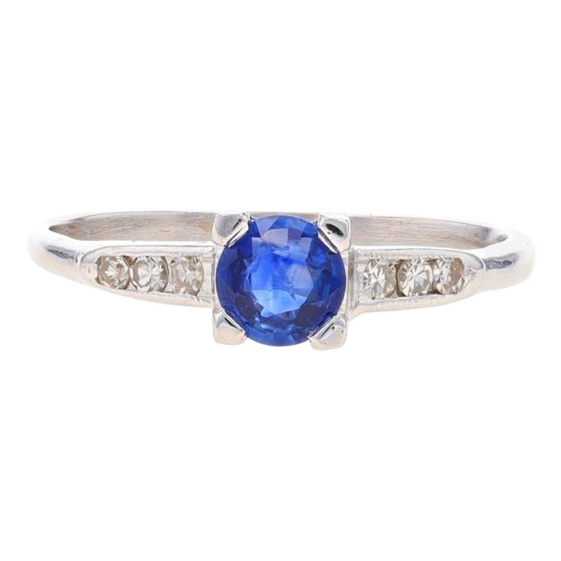 White Gold Sapphire & Diamond Engagement Ring - 14k Round .52ctw Milgrain For Sale