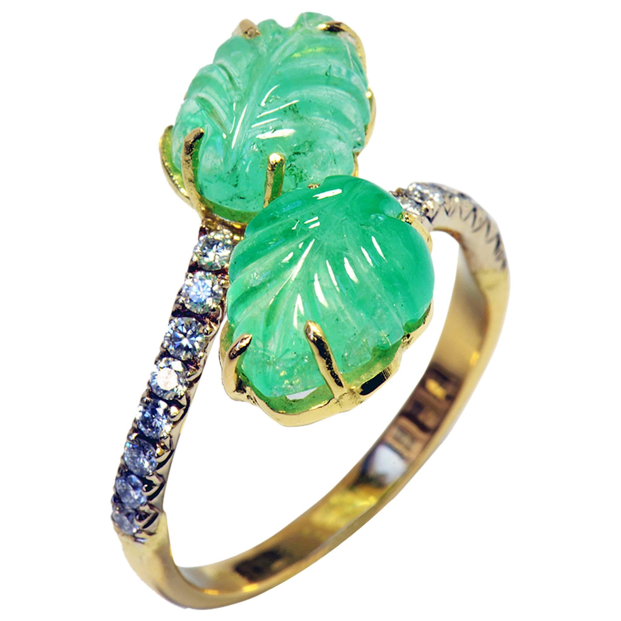 Unique Engraved Emerald Leaves and Diamonds You and Me Ring by Marion Jeantet