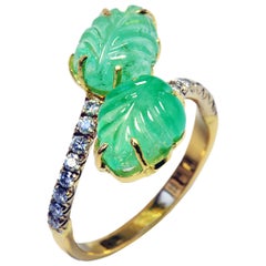 Unique Engraved Emerald Leaves and Diamonds You and Me Ring by Marion Jeantet