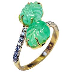 Marion Jeantet Engraved Emerald Leaves Diamonds Ring 6