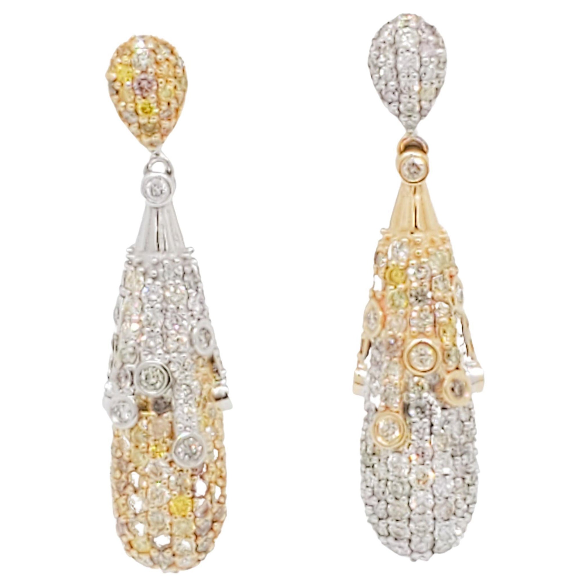 Yellow and White Diamond Day and Night Dangle Earrings in 14k Gold For Sale