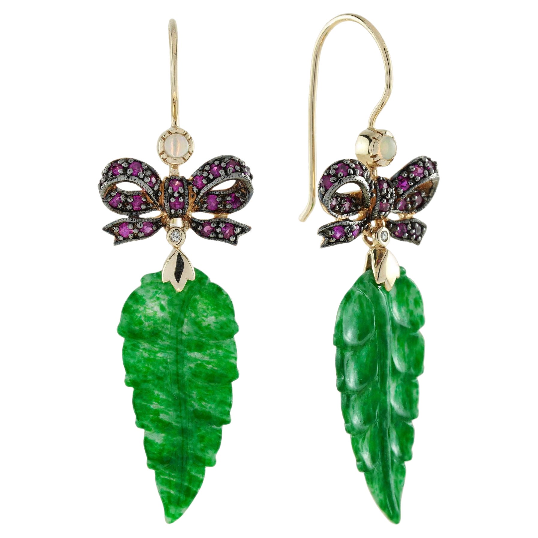 Carved Jade Leaf and Ruby Bow Edwardian Style Drop Earrings in 9K Gold For Sale